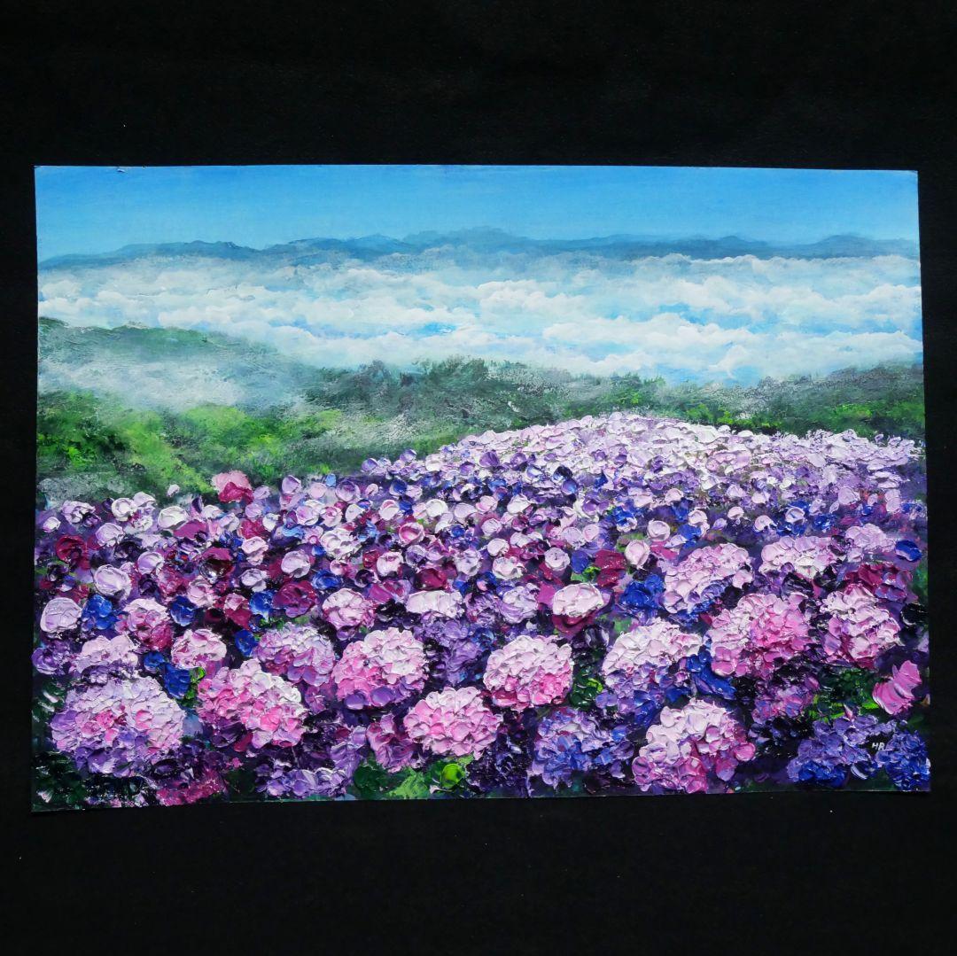 油絵 油彩 油彩画 絵 絵画【天空のピンクと紫の紫陽花】