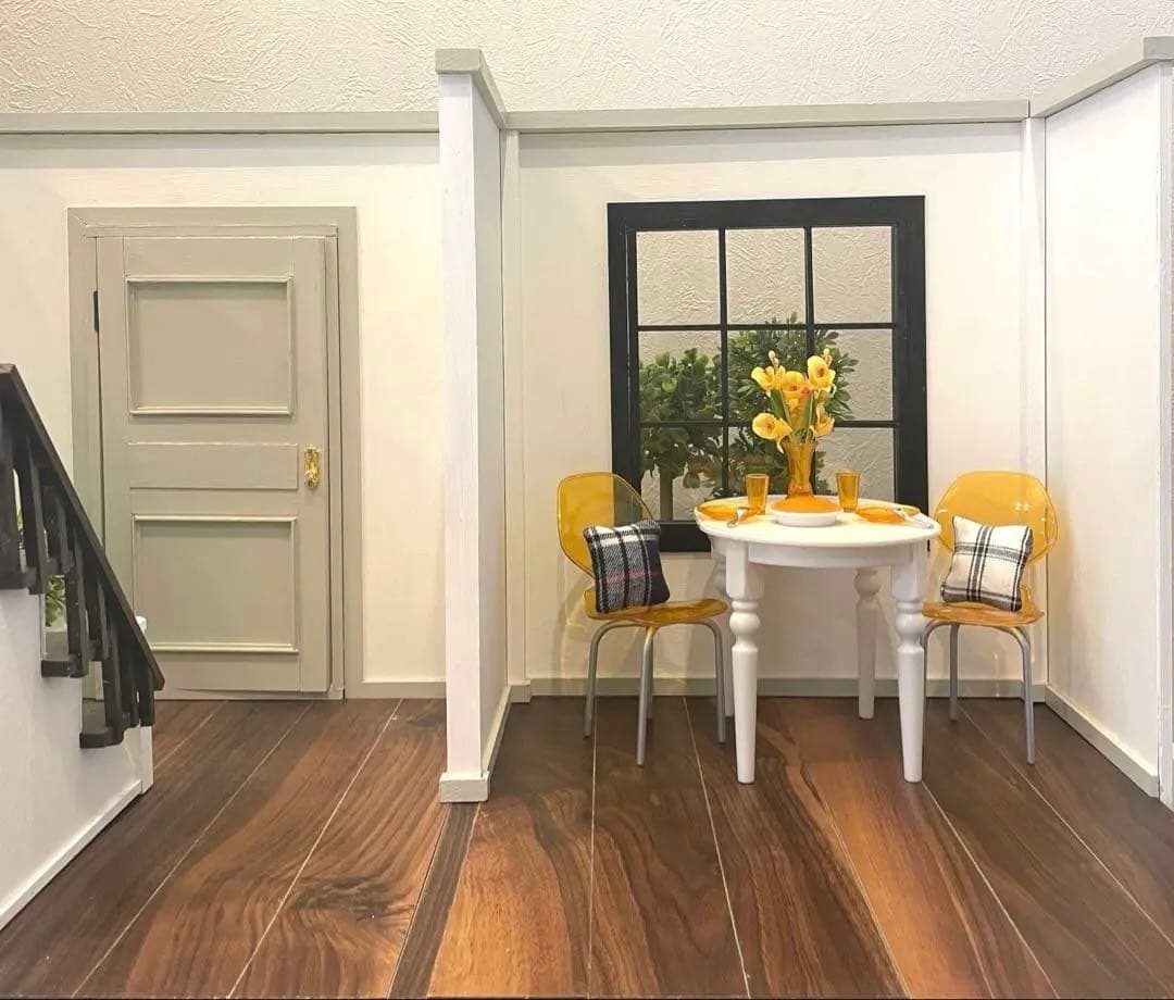 ドールハウス　撮影背景ボード　ハンドメイド☆玄関ホール＆リビングの2部屋セット