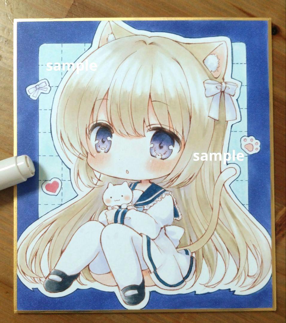 手描きイラスト　アナログイラスト　セーラー服　　猫耳　小色紙