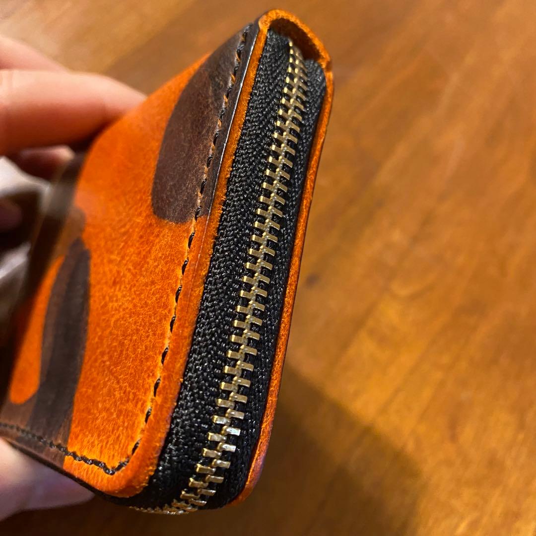 手縫い　ケース　ミニウォレット　オレンジ迷彩　ラウンドファスナー　新品