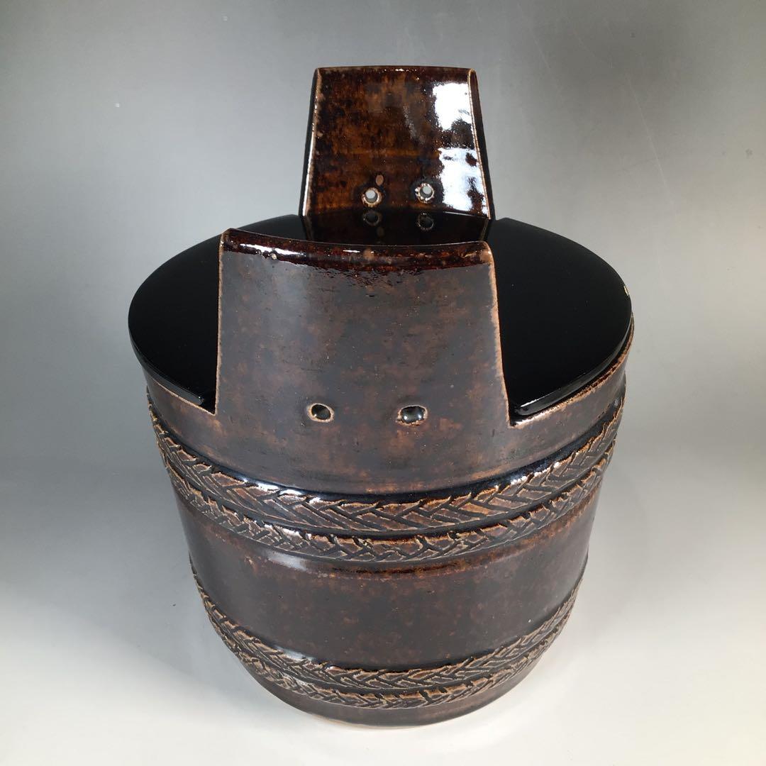 Ｎ４２４　水指　『膳所焼』『淡海ぜぜ　陽炎園造』『手桶水指』　共箱　茶道具