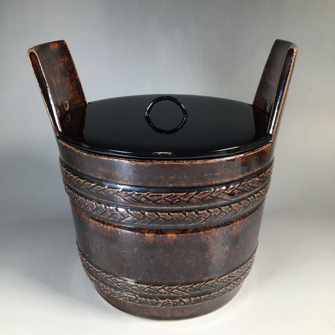 Ｎ４２４　水指　『膳所焼』『淡海ぜぜ　陽炎園造』『手桶水指』　共箱　茶道具