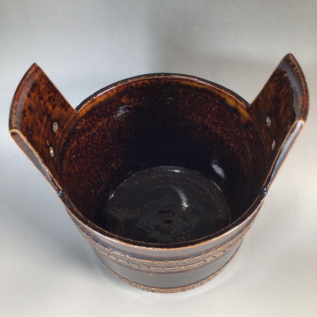 Ｎ４２４　水指　『膳所焼』『淡海ぜぜ　陽炎園造』『手桶水指』　共箱　茶道具