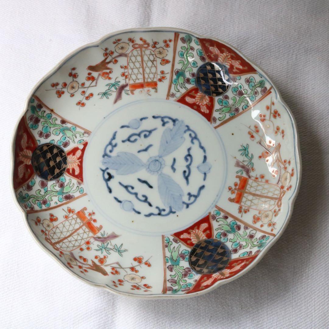 時代色絵伊万里　さわやかな赤絵に梅と鶯鳥籠図七寸皿プレート2枚 骨董古伊万里