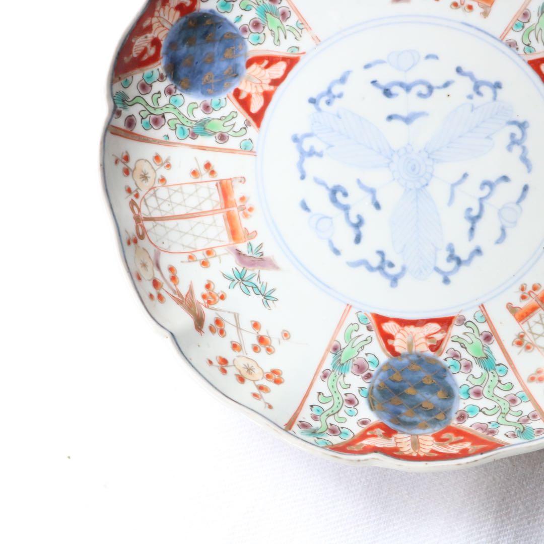 時代色絵伊万里　さわやかな赤絵に梅と鶯鳥籠図七寸皿プレート2枚 骨董古伊万里