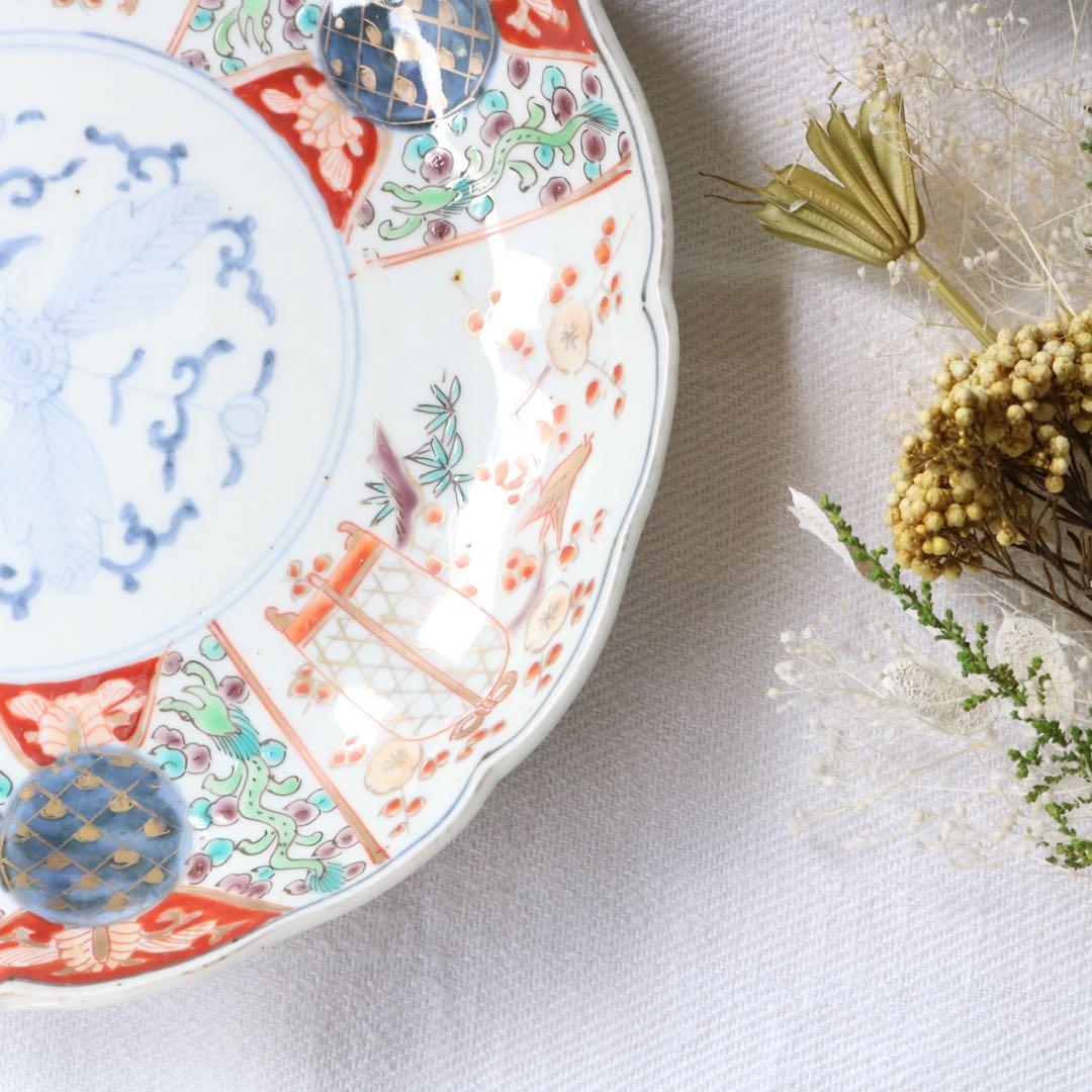 時代色絵伊万里　さわやかな赤絵に梅と鶯鳥籠図七寸皿プレート2枚 骨董古伊万里