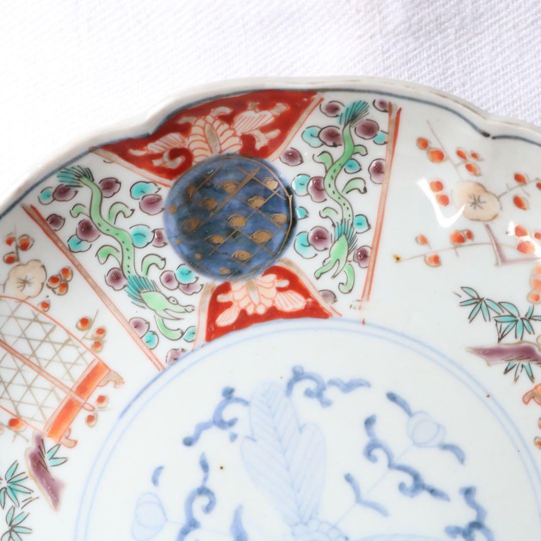 時代色絵伊万里　さわやかな赤絵に梅と鶯鳥籠図七寸皿プレート2枚 骨董古伊万里