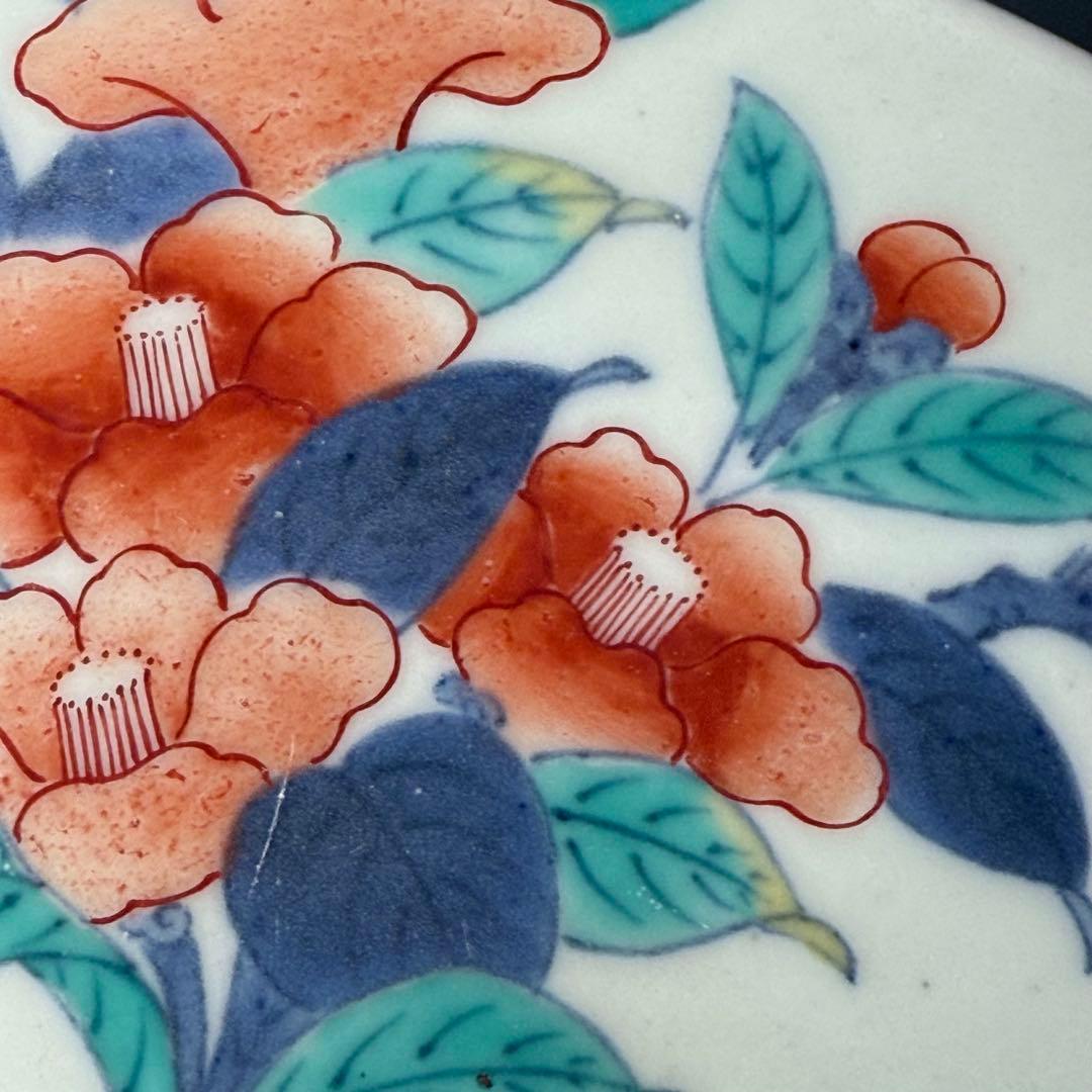 後期　色鍋島　椿文高台皿　櫛歯文高台　七宝結び文　桐箱付　幕末期