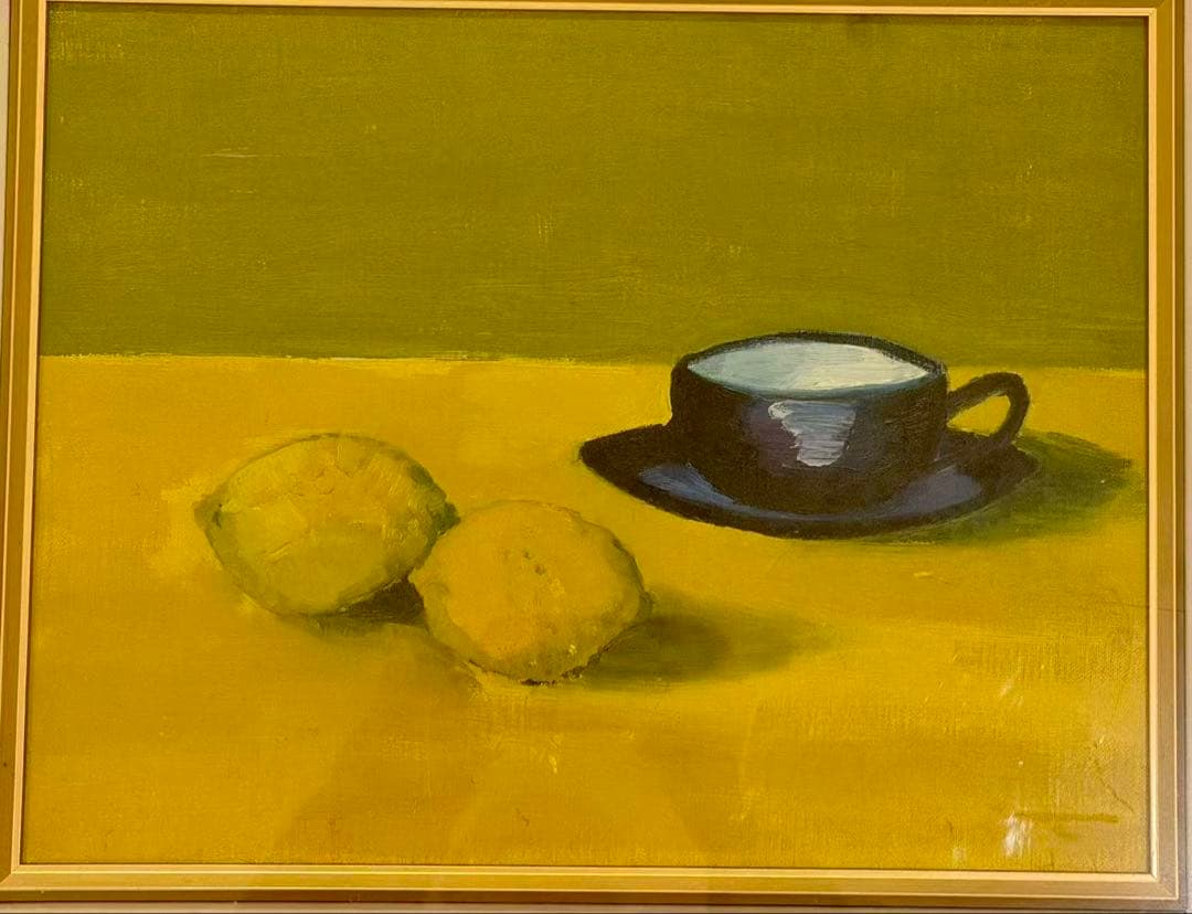 「レモンとティーカップ」 油彩風 静物画 額装 インテリア 絵画 #226-1