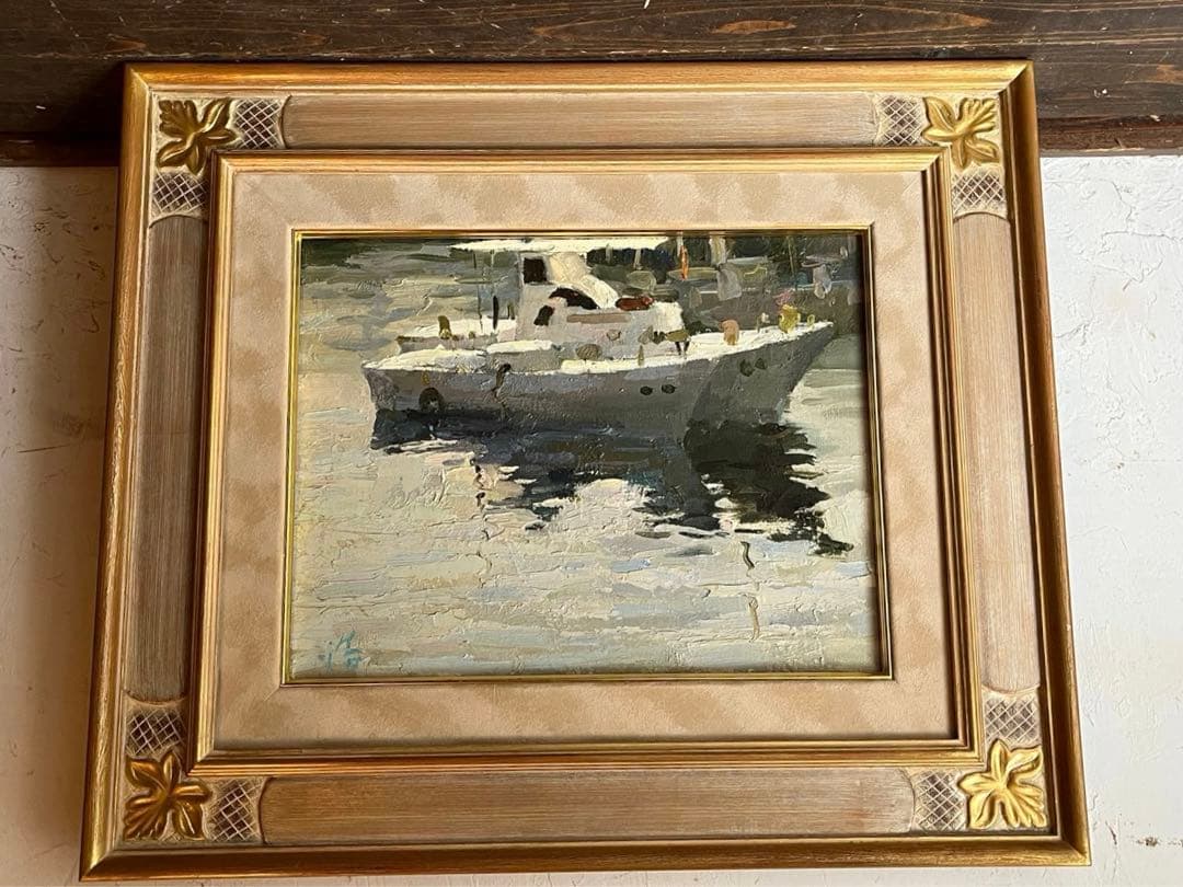船 河辺 絵画 油絵 額縁 インテリア アンティーク