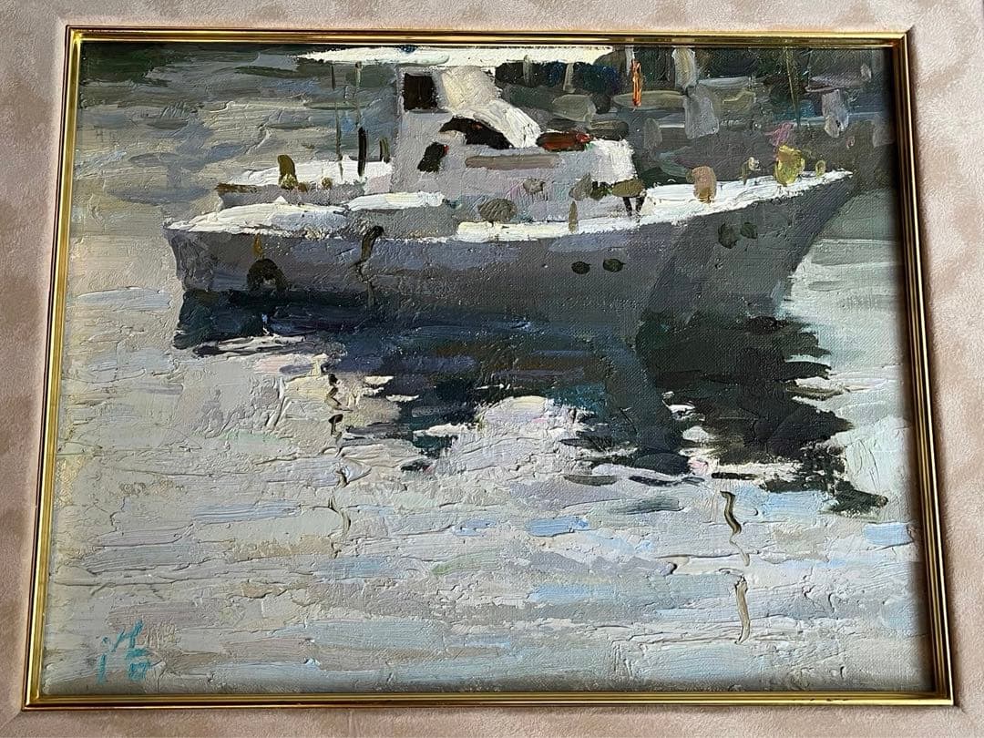 船 河辺 絵画 油絵 額縁 インテリア アンティーク