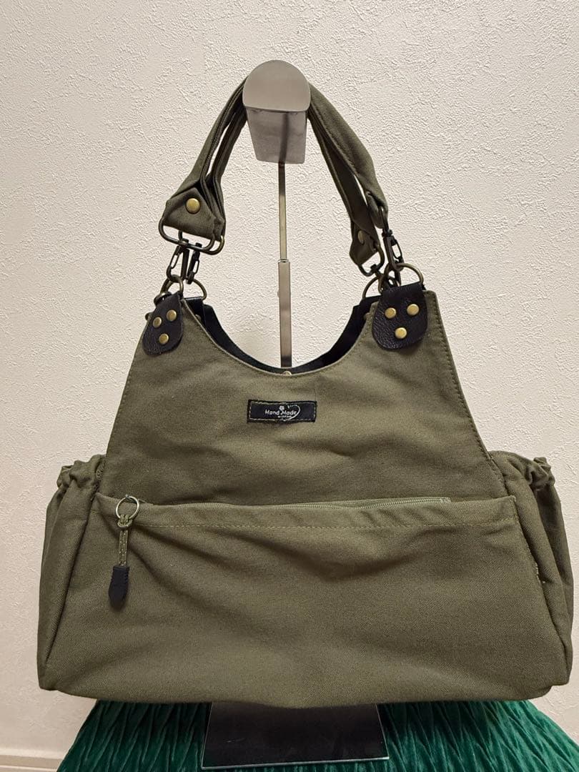 帆布３Weyあおりがま口バッグ リュック カーキ系 ハンドメイド