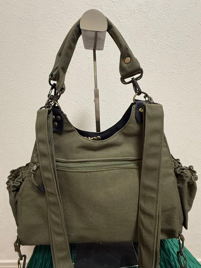 帆布３Weyあおりがま口バッグ リュック カーキ系 ハンドメイド
