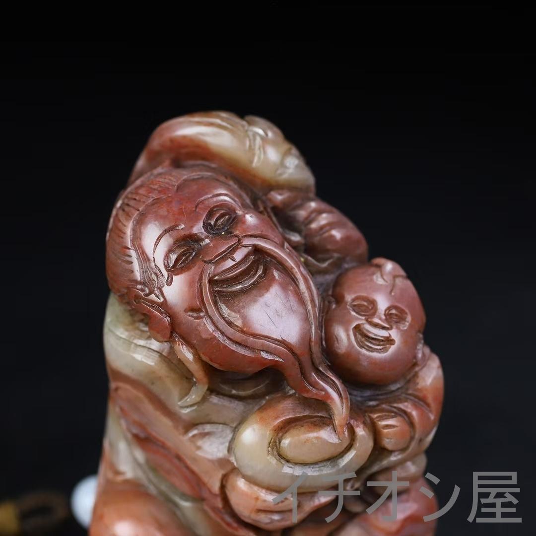 【旧蔵 寿山石 子孫楽 彫刻 手握り件】原石原色 印材 彫刻 時代物 田黄石