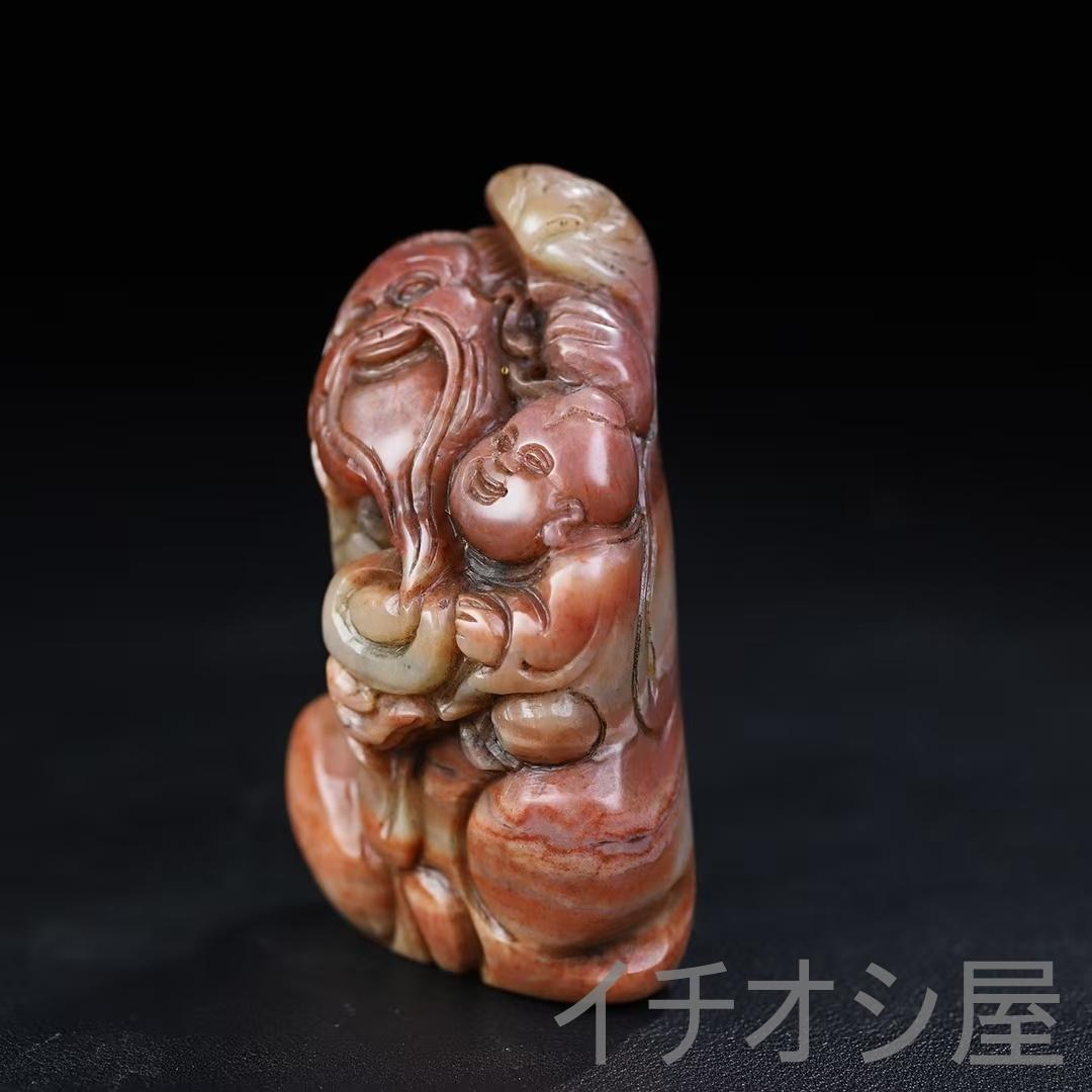 【旧蔵 寿山石 子孫楽 彫刻 手握り件】原石原色 印材 彫刻 時代物 田黄石