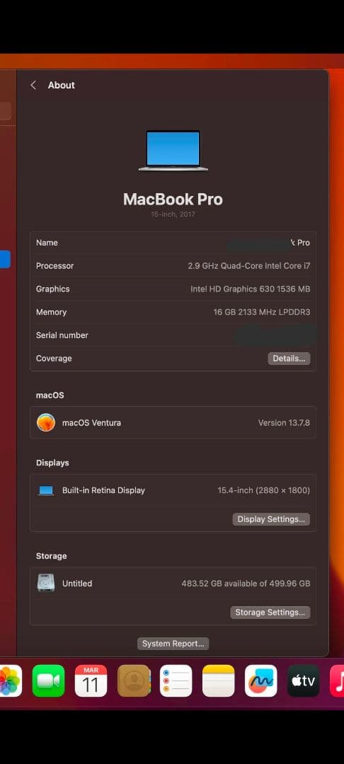 MacBookPro 2017 15インチ RAM:16GB 容量:512GB