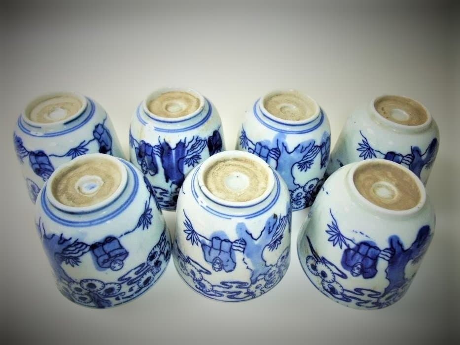 伊万里 明治期 印判 染付 蕎麦猪口 7客 骨董品(江戸後期～明治期)