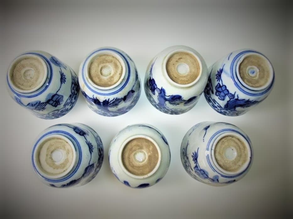 伊万里 明治期 印判 染付 蕎麦猪口 7客 骨董品(江戸後期～明治期)