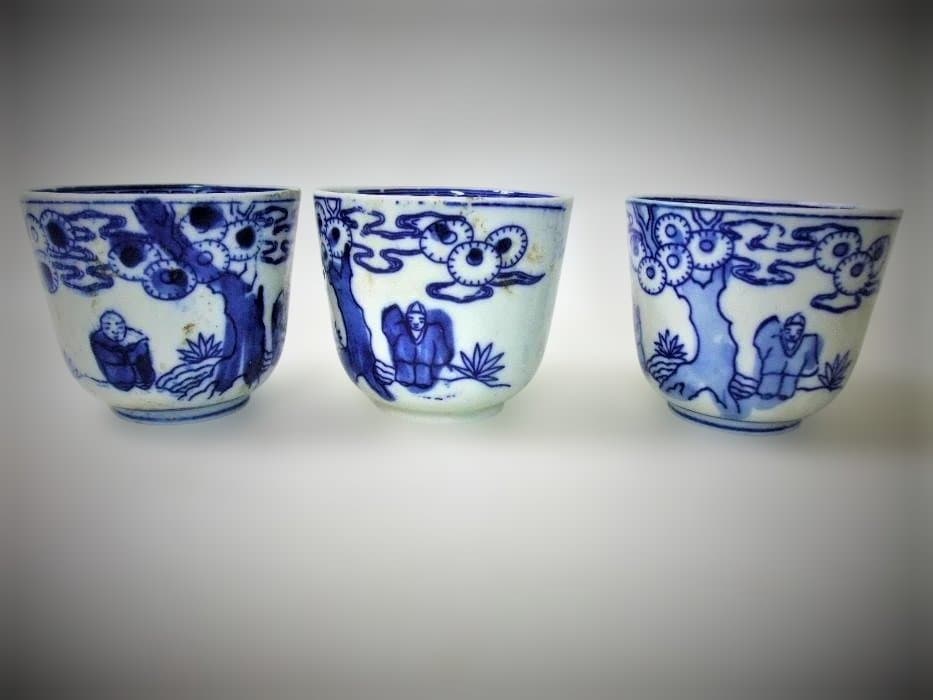 伊万里 明治期 印判 染付 蕎麦猪口 7客 骨董品(江戸後期～明治期)