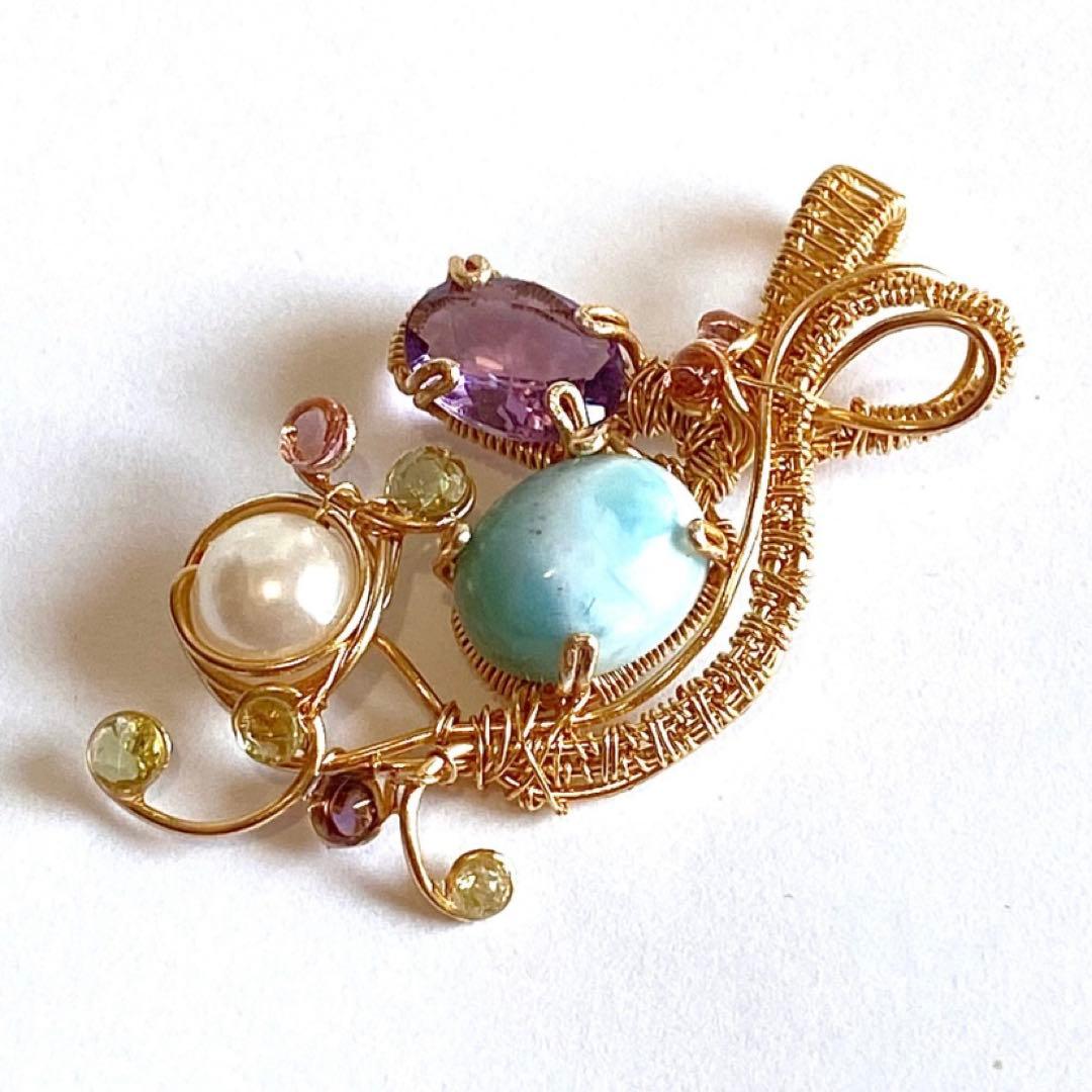 【一点物】海と空の雫　ラリマーとアメジストの贅沢ワイヤーラップペンダント