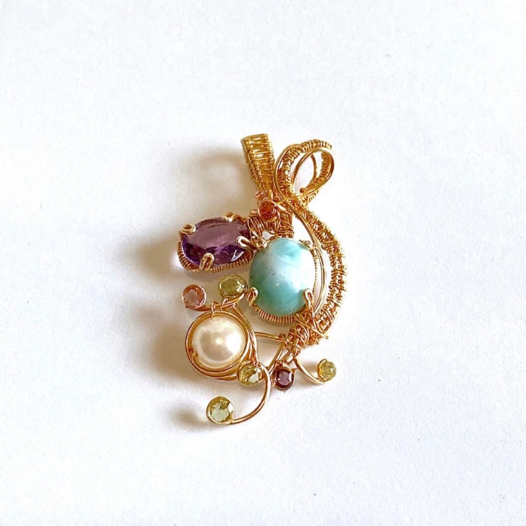 【一点物】海と空の雫　ラリマーとアメジストの贅沢ワイヤーラップペンダント