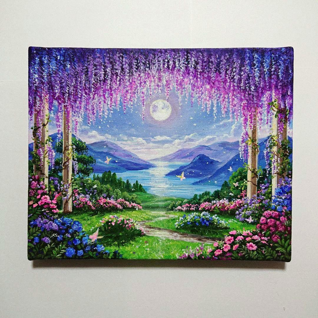 【藤の花】アクリル画 F3 風景画 絵画