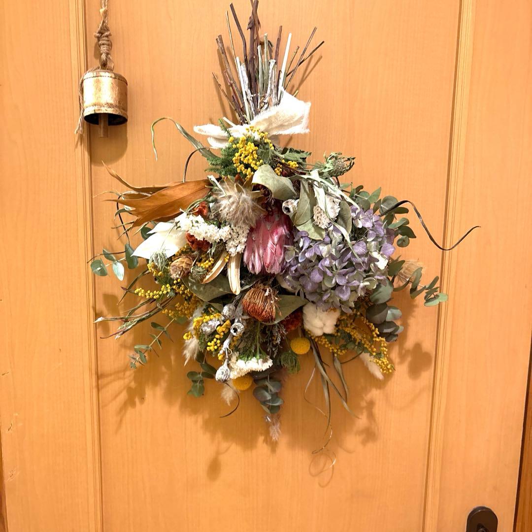 プロテア＆ミモザ＆紫陽花のスワッグブーケパンパスも。特大‼️