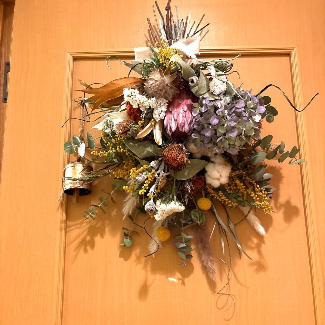 プロテア＆ミモザ＆紫陽花のスワッグブーケパンパスも。特大‼️