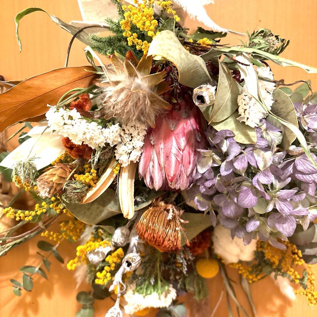 プロテア＆ミモザ＆紫陽花のスワッグブーケパンパスも。特大‼️