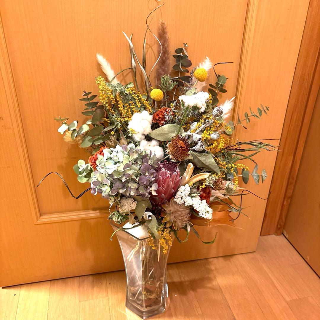 プロテア＆ミモザ＆紫陽花のスワッグブーケパンパスも。特大‼️