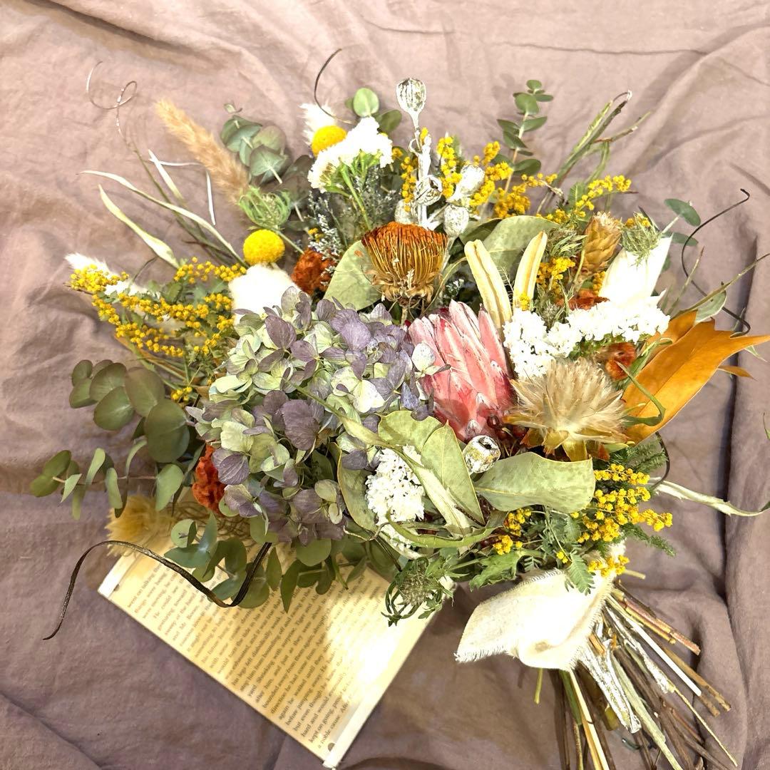 プロテア＆ミモザ＆紫陽花のスワッグブーケパンパスも。特大‼️
