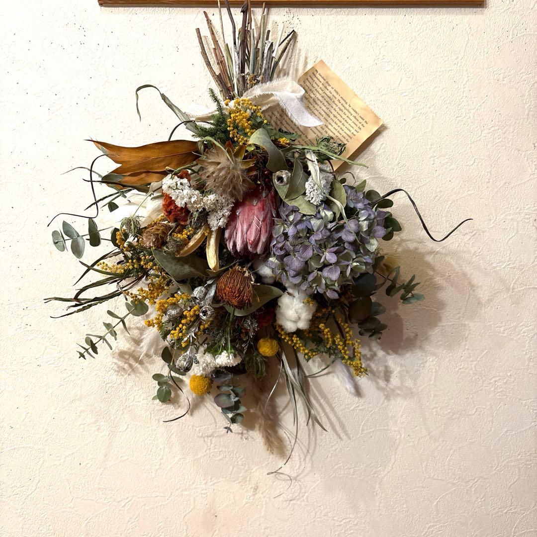 プロテア＆ミモザ＆紫陽花のスワッグブーケパンパスも。特大‼️