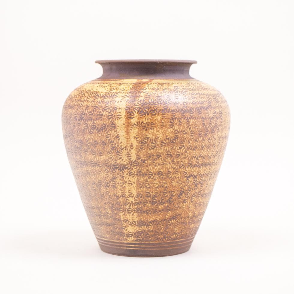 韓国陶器 李朝分青沙器風 花瓶 分青風 印花草花文 壺