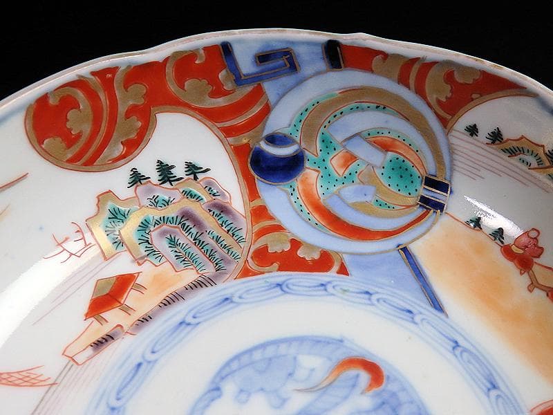 古伊万里　金襴手　熨斗に宝珠　山水の図　膾皿　３客　D761A-BHj