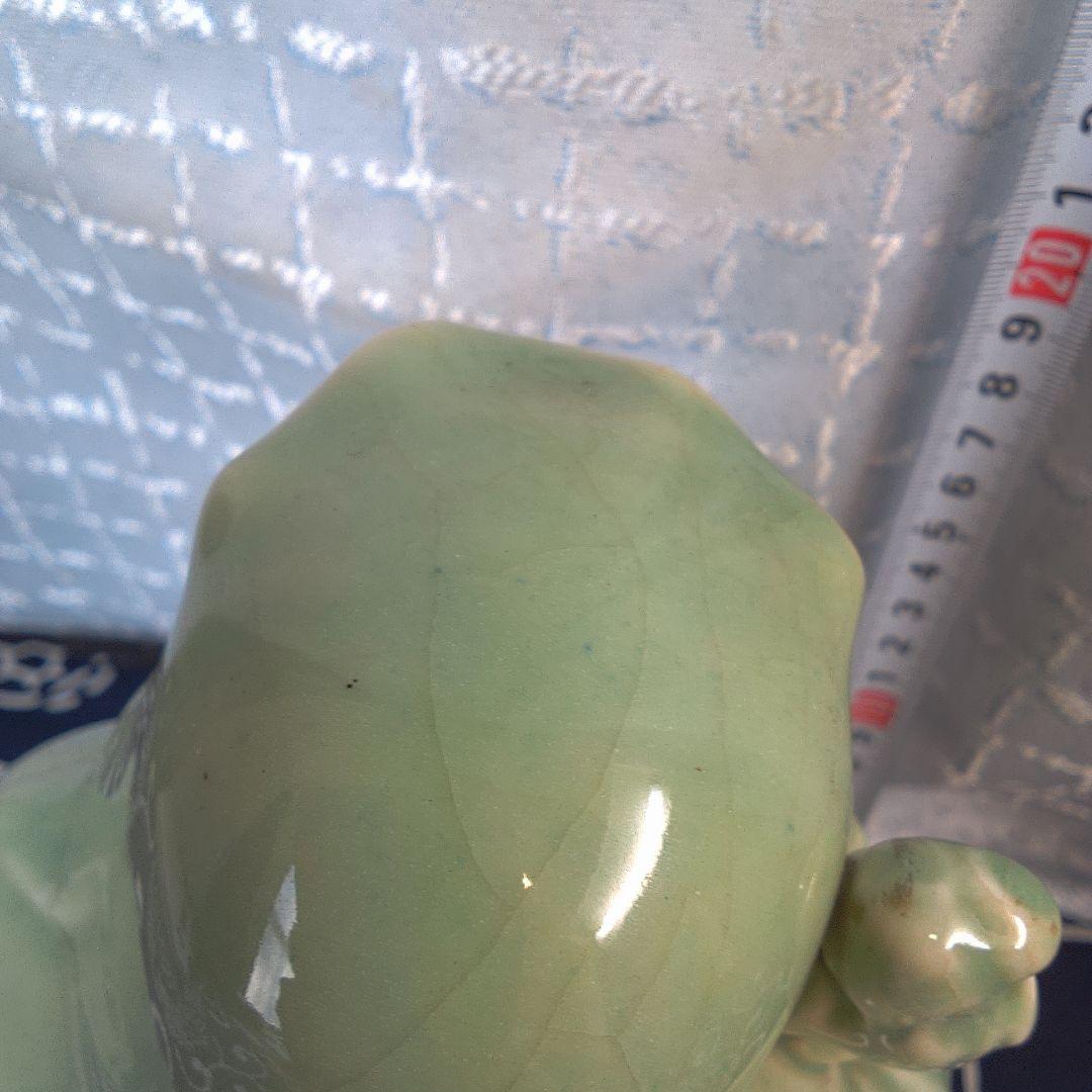 骨董４ 蘇山？緑色の陶器製老賢者像 約20cm