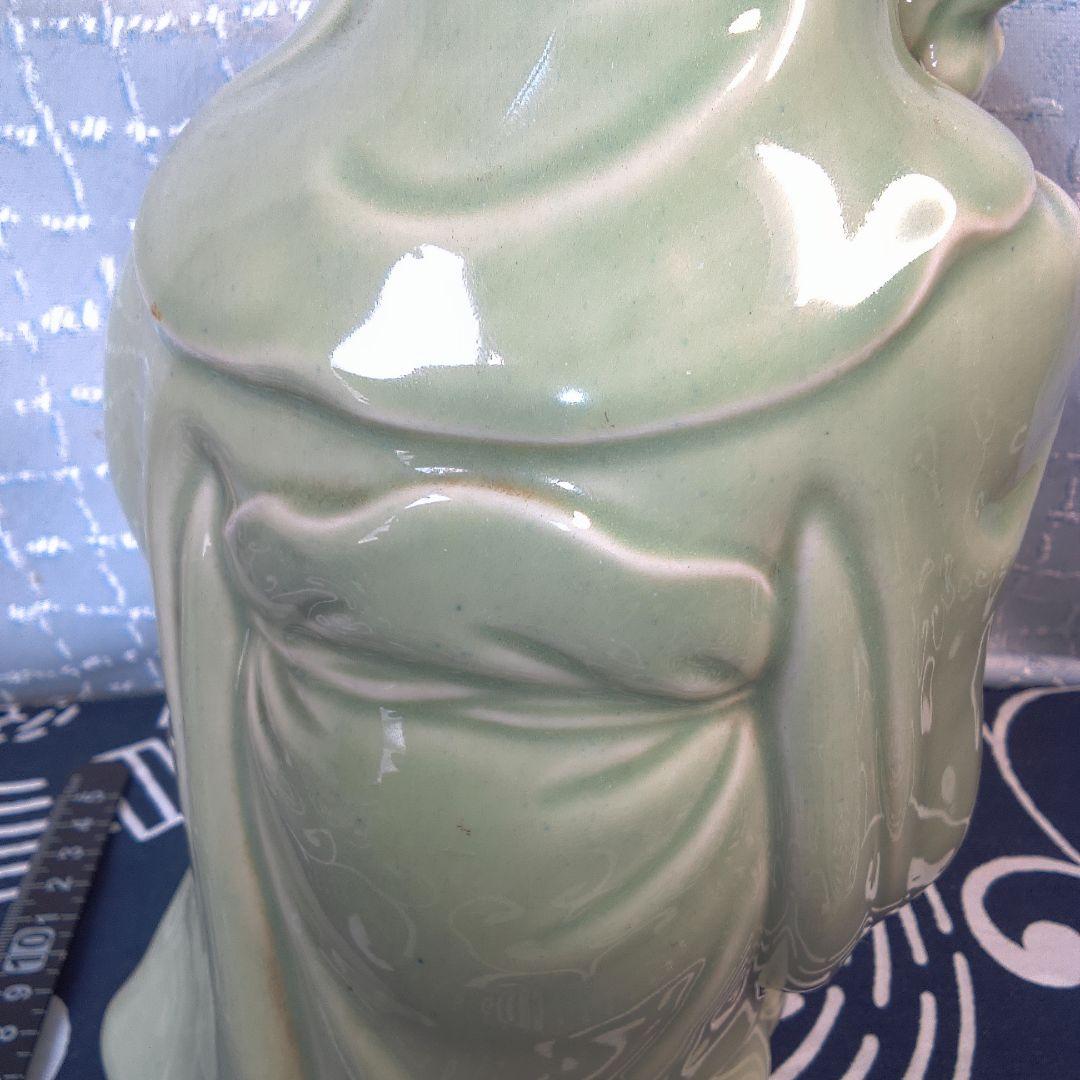 骨董４ 蘇山？緑色の陶器製老賢者像 約20cm