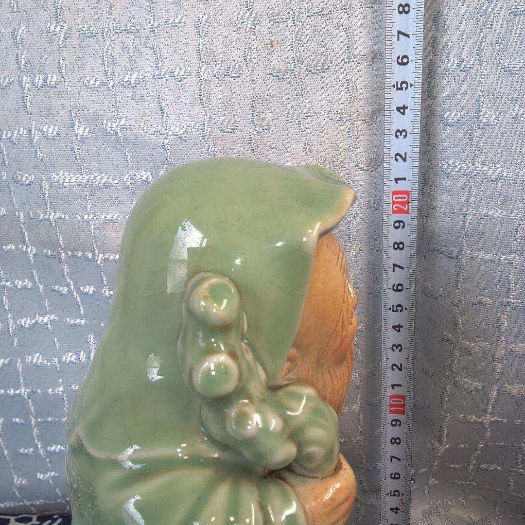 骨董４ 蘇山？緑色の陶器製老賢者像 約20cm