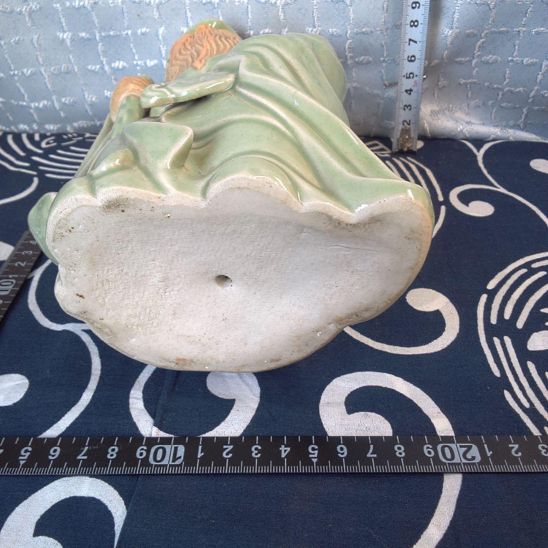 骨董４ 蘇山？緑色の陶器製老賢者像 約20cm
