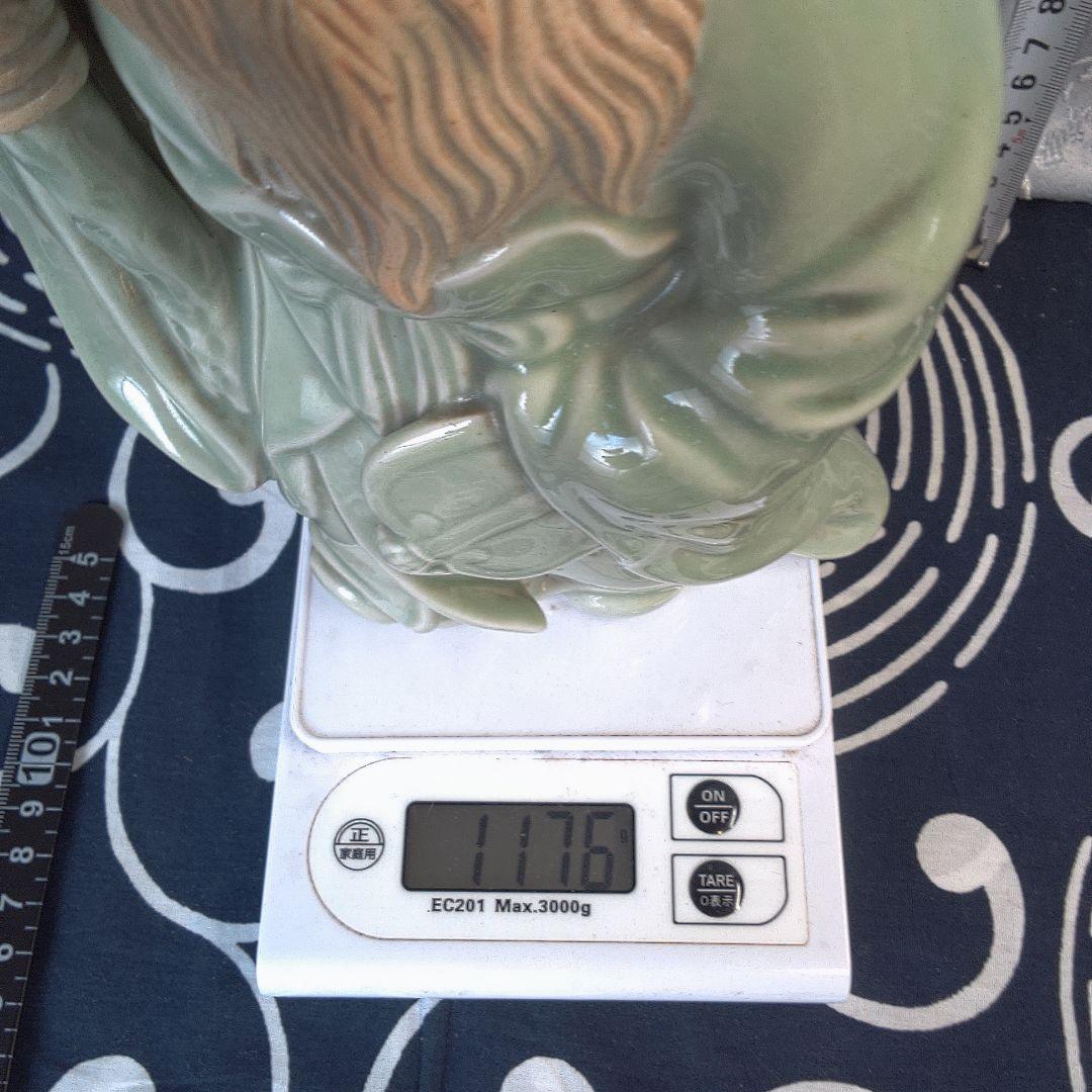 骨董４ 蘇山？緑色の陶器製老賢者像 約20cm