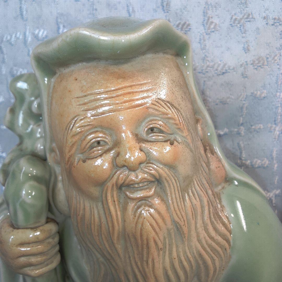 骨董４ 蘇山？緑色の陶器製老賢者像 約20cm