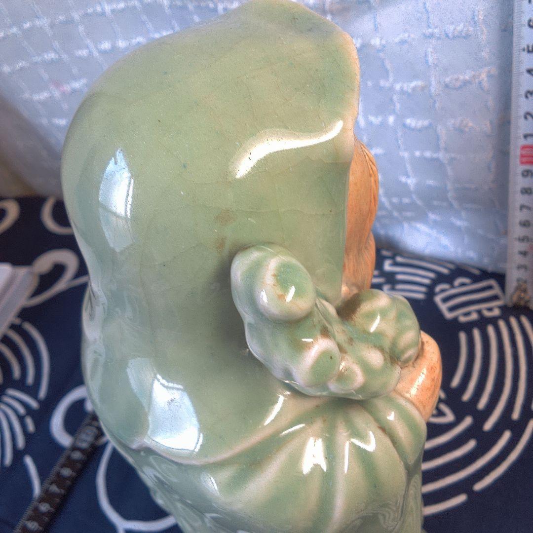 骨董４ 蘇山？緑色の陶器製老賢者像 約20cm