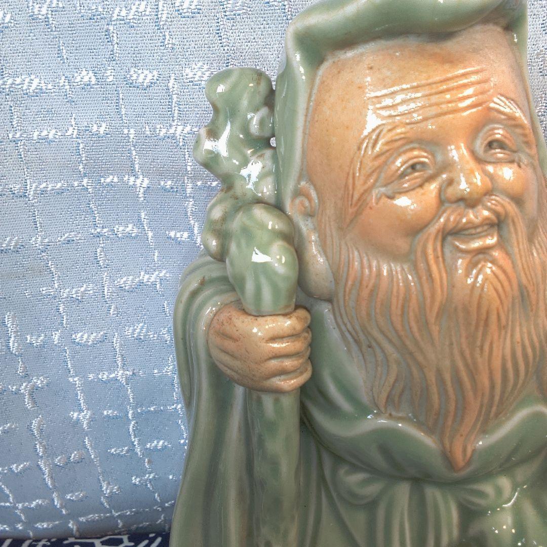 骨董４ 蘇山？緑色の陶器製老賢者像 約20cm