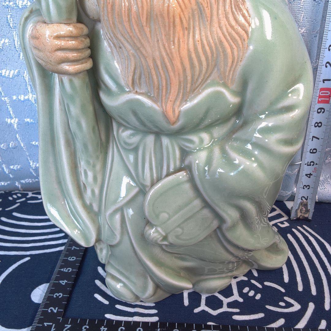 骨董４ 蘇山？緑色の陶器製老賢者像 約20cm