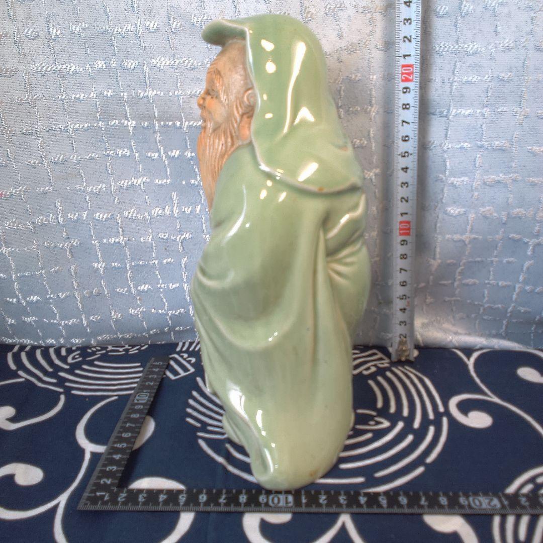 骨董４ 蘇山？緑色の陶器製老賢者像 約20cm