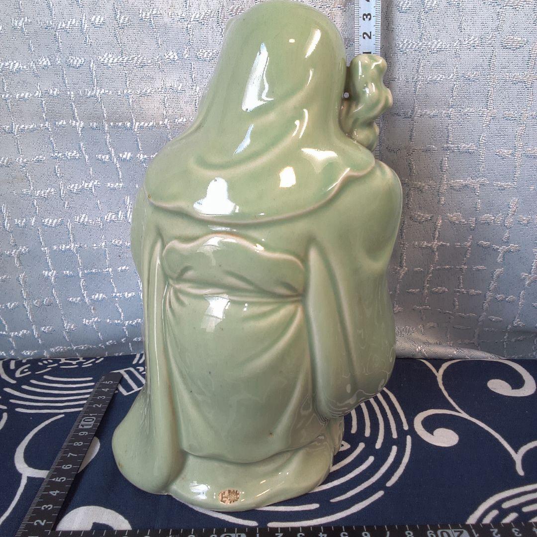 骨董４ 蘇山？緑色の陶器製老賢者像 約20cm