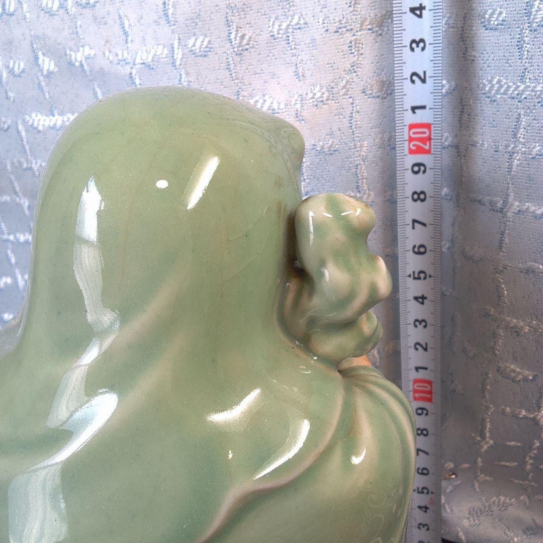 骨董４ 蘇山？緑色の陶器製老賢者像 約20cm