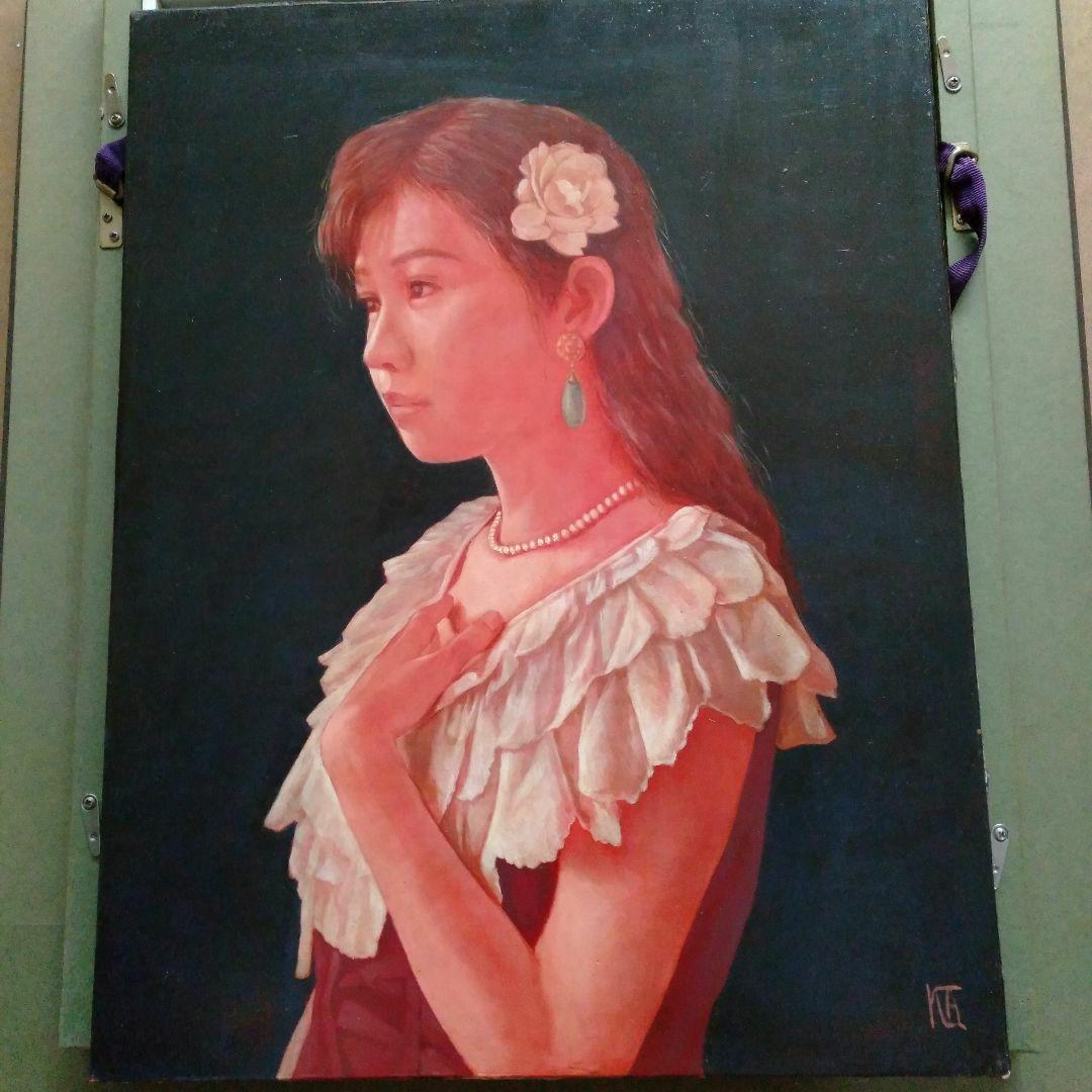 金子亨　人物画 　「遠い夏」　油彩画　クラシック黒額縁付き