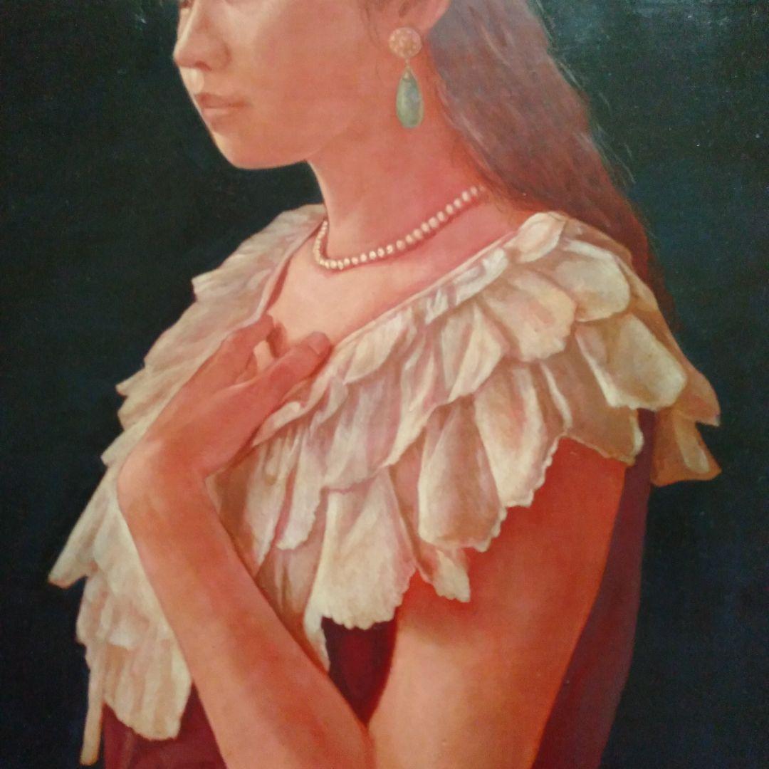 金子亨　人物画 　「遠い夏」　油彩画　クラシック黒額縁付き