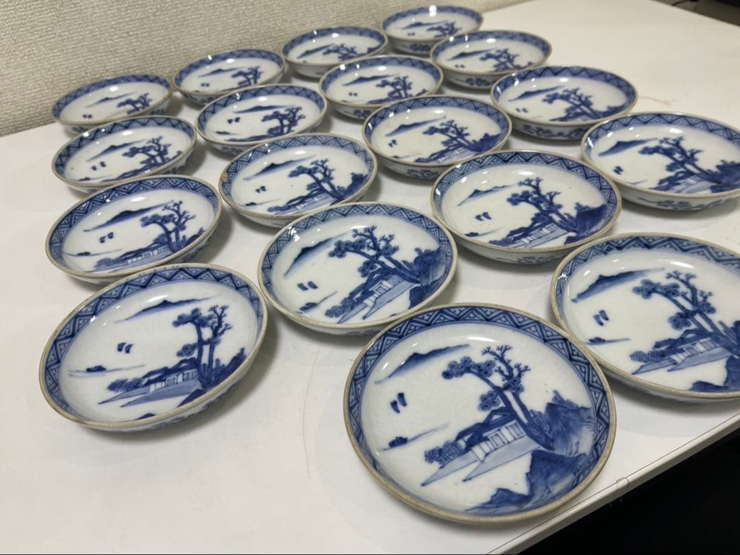【現状品】古伊万里 染付 九谷 山水 平皿 18枚 割烹 アンティーク 懐石