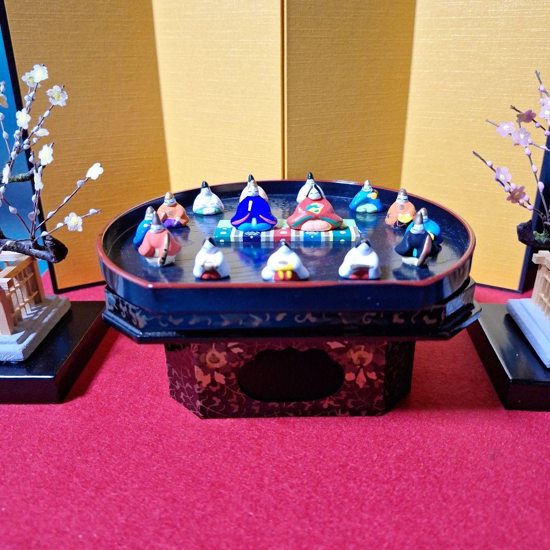 ミニチュア雛飾り、ミニチュアお雛様、紅白梅、屏風、木製高杯、木製菱台